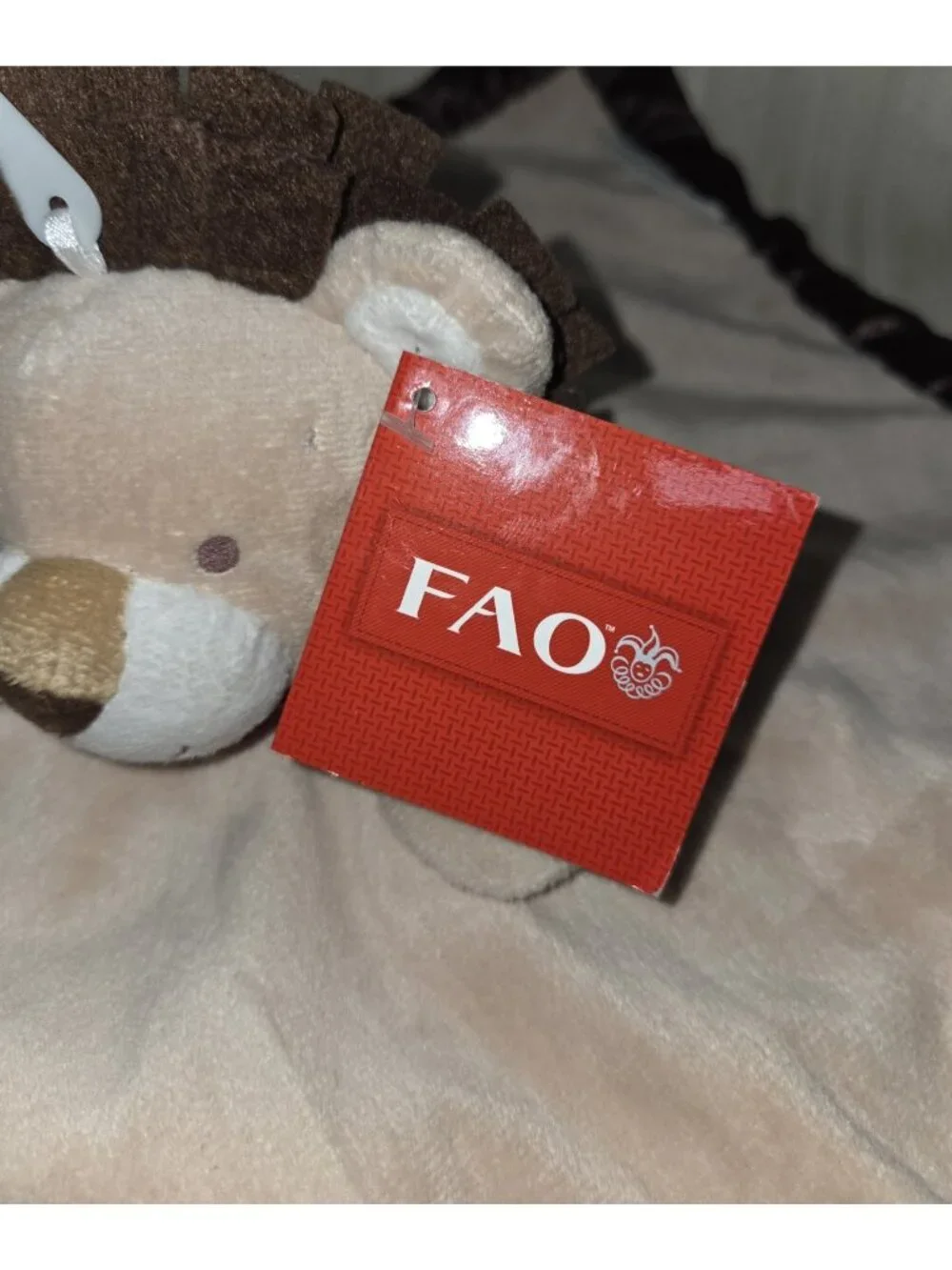 FAO Schwarz Babies R Us Lion & Monkey Lovey Security Blanket Tan/Brown New w Tag